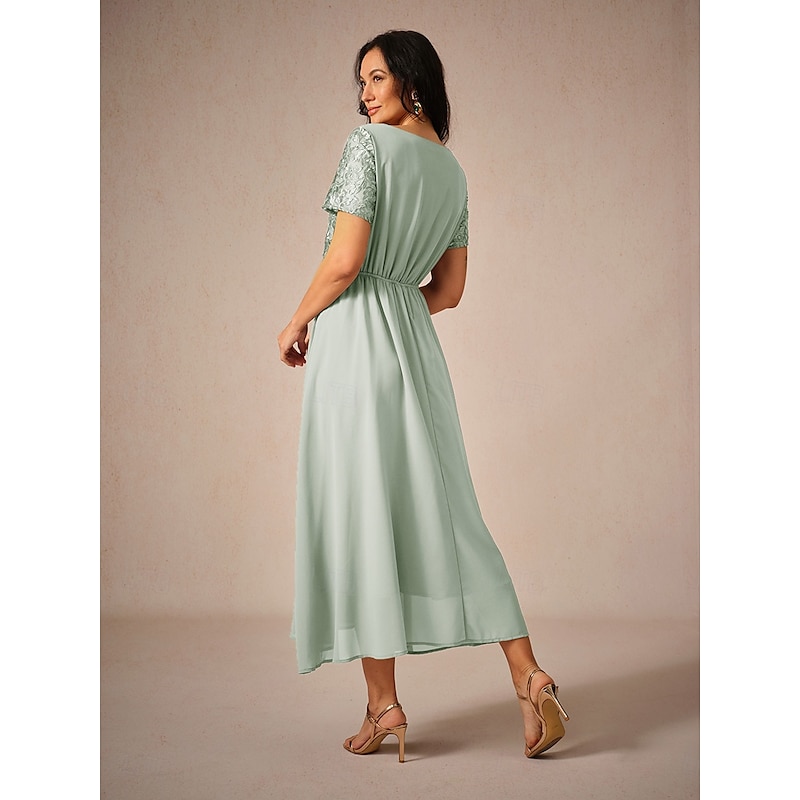 Women's Wedding Guest Cocktail Dress Maxi Dress Contrast Lace Party Elegant Formal V Neck Short Sleeve Pink Green Gray Color 18