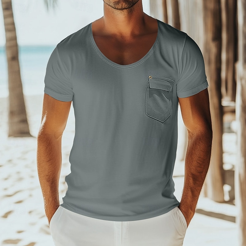 Men's T Shirt Tee Top Short Sleeves Scoop Neck Crewneck Summer Solid Color Fashion Designer Basic Pocket Vacation Street Casual Black White Blue Top Tee for Men
