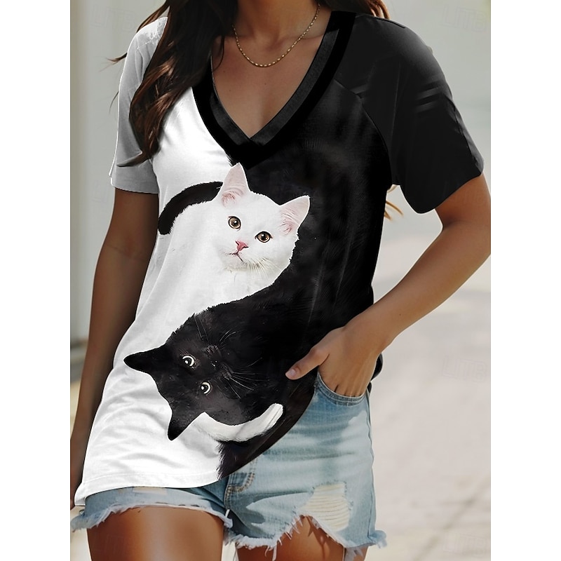 Women's T Shirt Animal Cat Casual Short Sleeve V Neck Regular Tops Daily Going out Weekend Print Black off-white Summer2