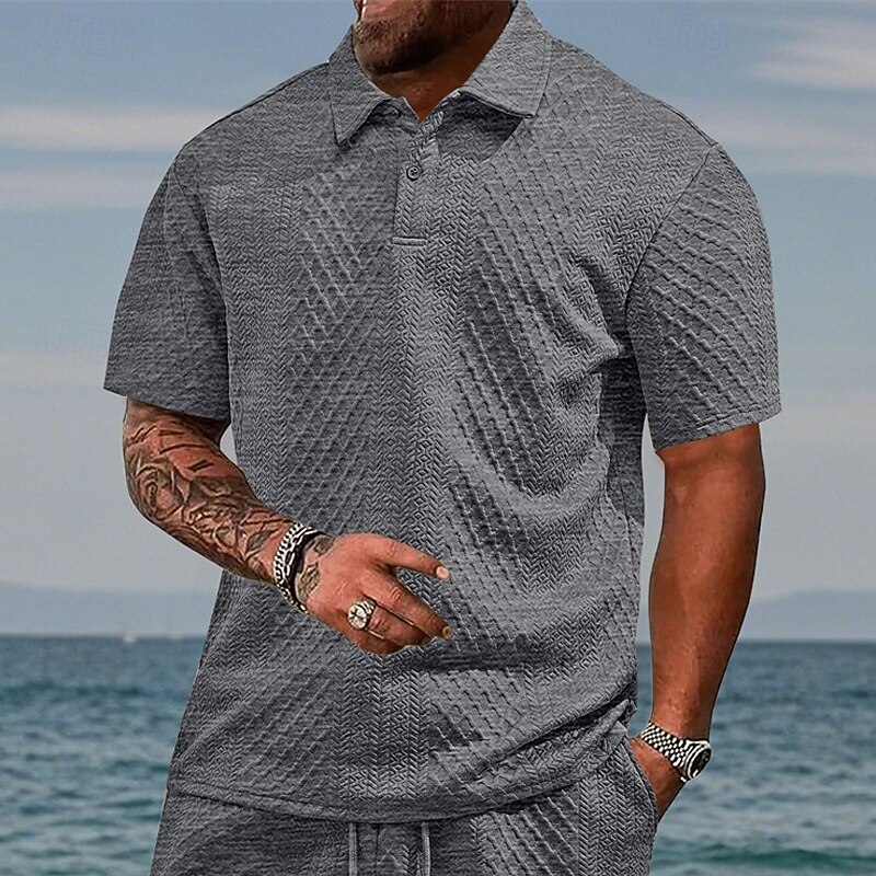Men's Golf Shirt Golf Polos Shirts Work Casual Lapel Short Sleeve Basic Modern Plain Buttons Jacquard Summer Spring Regular Fit Black White Navy Blue Khaki Gray Light Blue Golf Shirt3