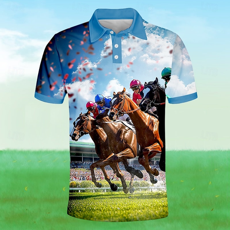 Kentucky Derby Men's Horse Racing Polo Short Sleeve Polo Shirts Collared Shirts Business Casual School Outdoor Daily Wear Festival Outfit 3D Print Summer Spring Fall Blue
