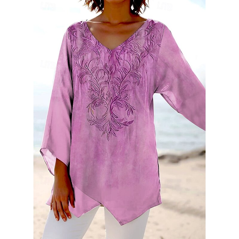 Women's Blouse Long Sleeve Asymmetrical Hem Floral Graphic Stylish Ethnic Beach Short Sleeve V Neck Regular Tops Daily Holiday Print Pink Blue Purple Green Summer Spring3
