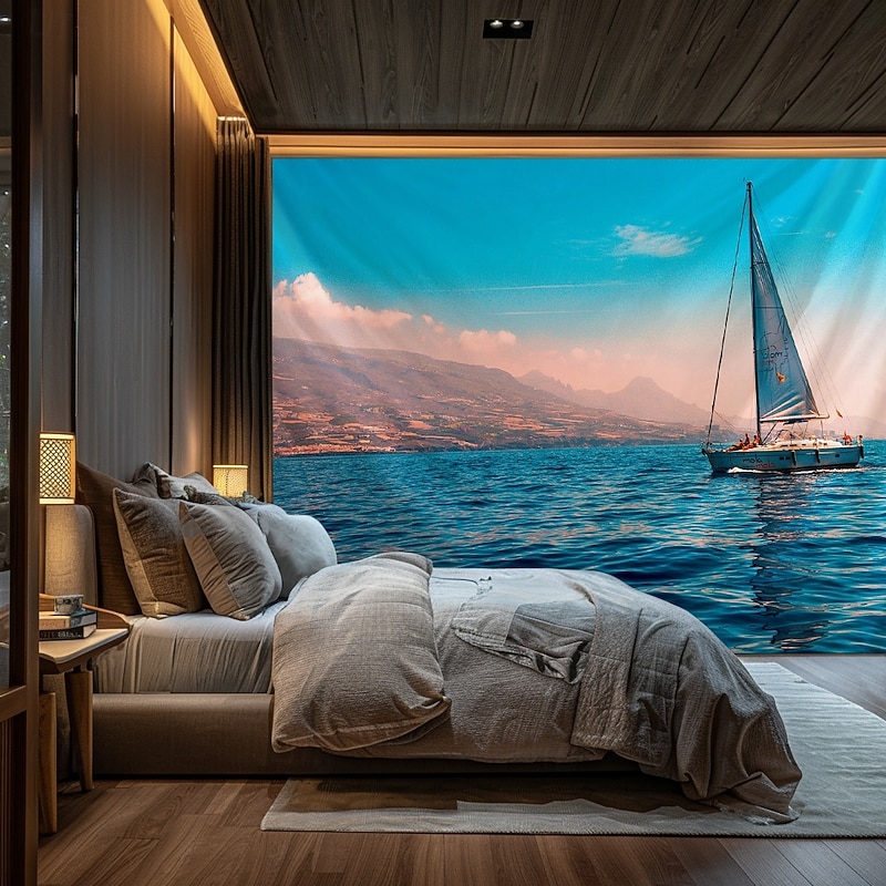 Landscape Ocean Hanging Tapestry Wall Art Large Tapestry Mural Decor Photograph Backdrop Blanket Curtain Home Bedroom Living Room Decoration Boat Sailing2