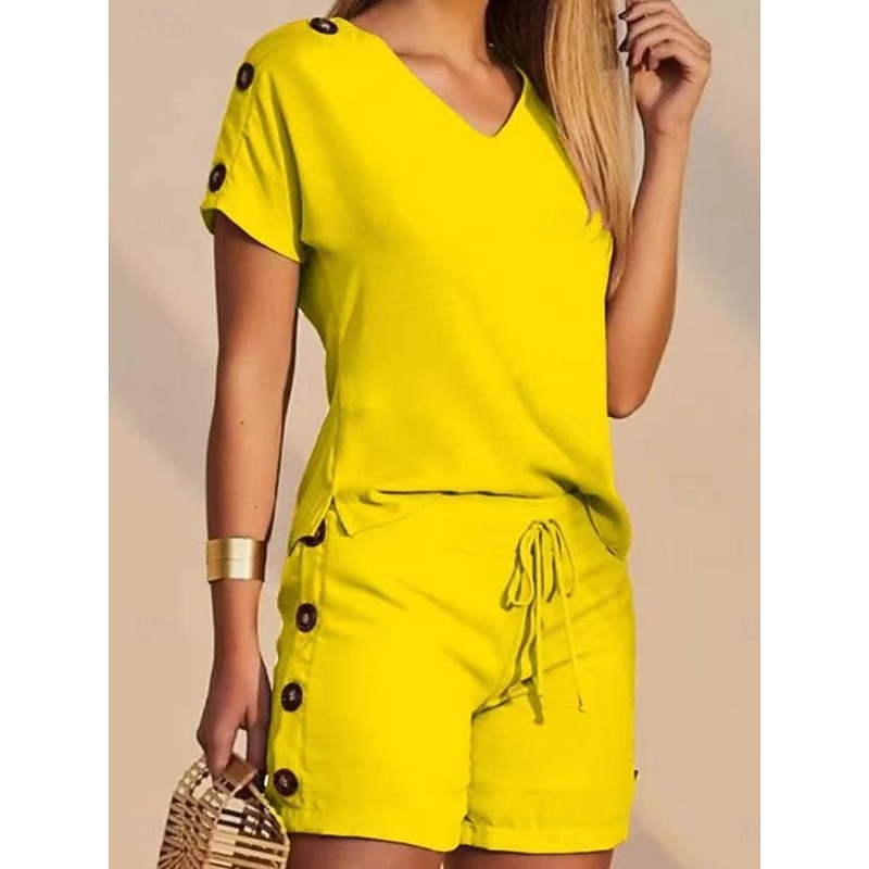 Women's 2 Pieces Fashion Streetwear Daily Shorts Sets Short Sleeve V Neck Geometric Plain Drawstring Print Casual Daily Yellow Blue Orange Summer Regular Fit4
