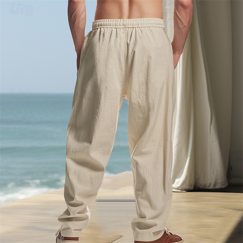 Men's Linen Pants Trousers Summer Pants Beach Pants Embroidered Drawstring Straight Leg Plain Comfort Breathable Full Length Casual Daily Holiday Fashion Hip-Hop Black White3