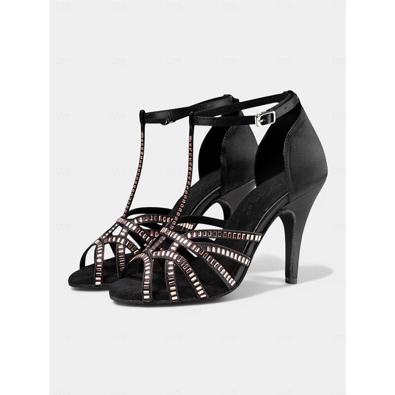 Women's Black Rhinestone T-Strap Latin Dance Shoes – Professional Ballroom Performance Heels2