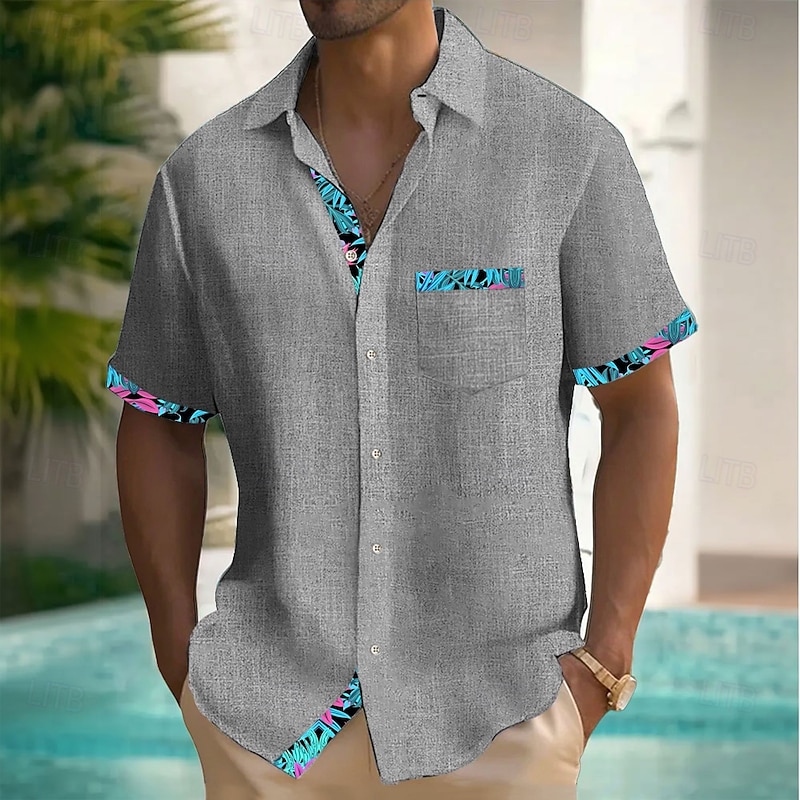 Men's Tropical Plants Linen Shirt Summer Hawaiian Shirt Button Up Shirt Short Sleeve Hawaiian Resort Vacation Holiday Beach Wear Summer Spring Turndown Collared Shirts Front One Pocket Pink Light3