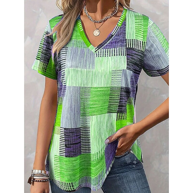 Women's Blouse Graphic Geometric Casual Short Sleeve V Neck Regular Tops Daily Print Blue Purple Orange Green Summer Spring4