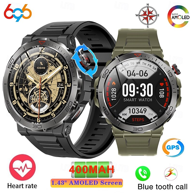 696 MK68 Smart Watch 1.43 inch Smartwatch Fitness Running Watch Bluetooth Pedometer Call Reminder Sleep Tracker Compatible with Android iOS Women Men Hands-Free Calls Compass Message Reminder IP 673