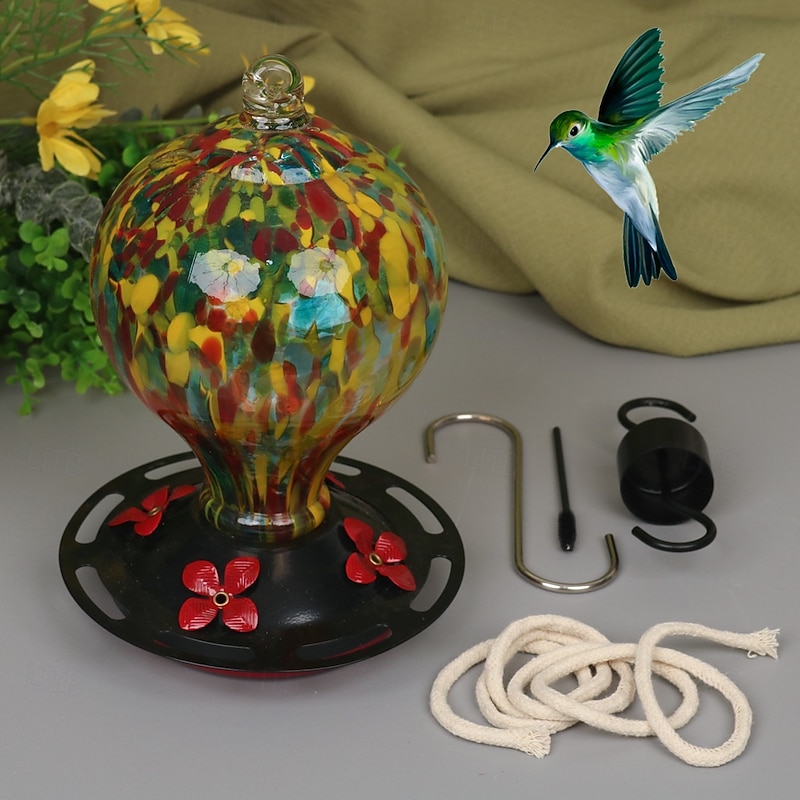 Hummingbird Feeder with Ant-Proof Hook, Hand-Painted Glass & Plastic Flower Design, Outdoor Bird Feeding Station4