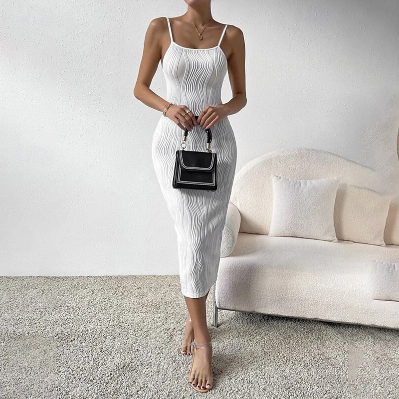 Women's Midi Dress White Dress Graduation Dress Slip Dress Fashion Birthday Date Going out Regular Fit Plain Sleeveless Spaghetti Strap White Summer2