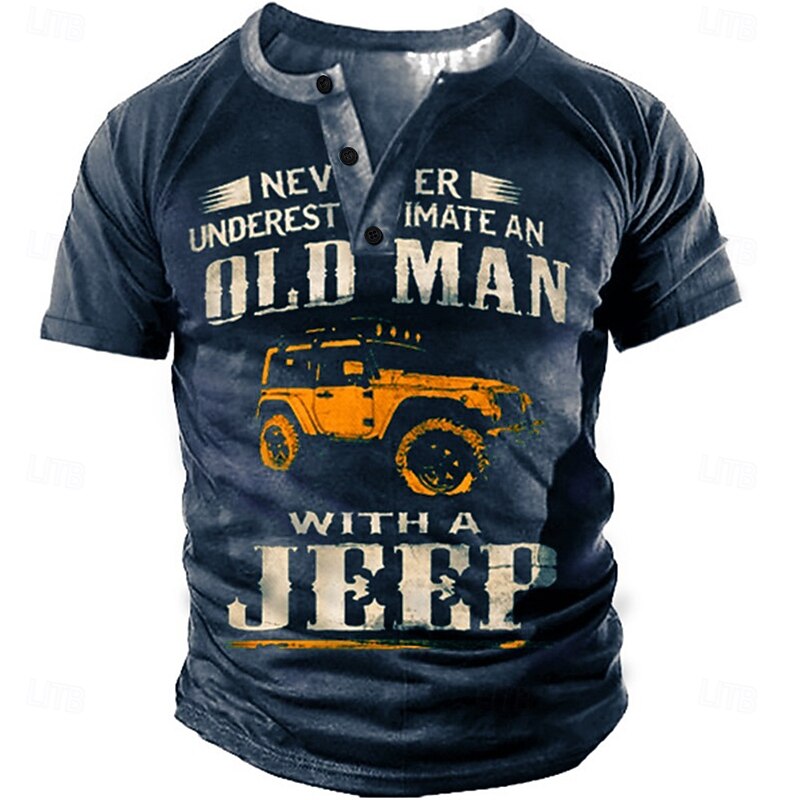 Men's Never Underestimate Old Man Jeep Short Sleeve Graphic Henley T-Shirt2