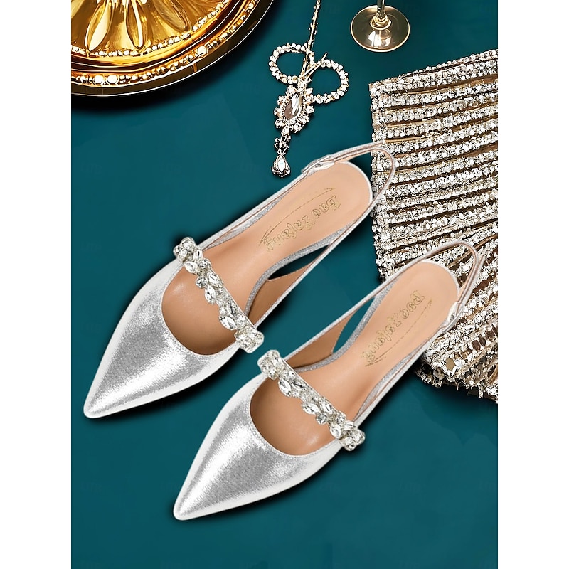 Women's Silver Rhinestone Pointed Toe Flats – Elegant Slingback Bridal & Evening Shoes