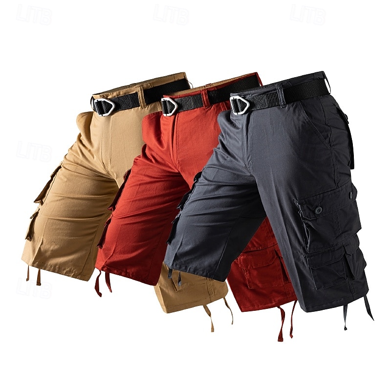 Men's Capri Cargo Shorts Cargo Shorts Capri Pants Shorts Summer Shorts Zipper Multiple Pockets Flap Pocket Plain Comfort Breathable Knee Length Outdoor Vacation Sporty Casual Red Khaki