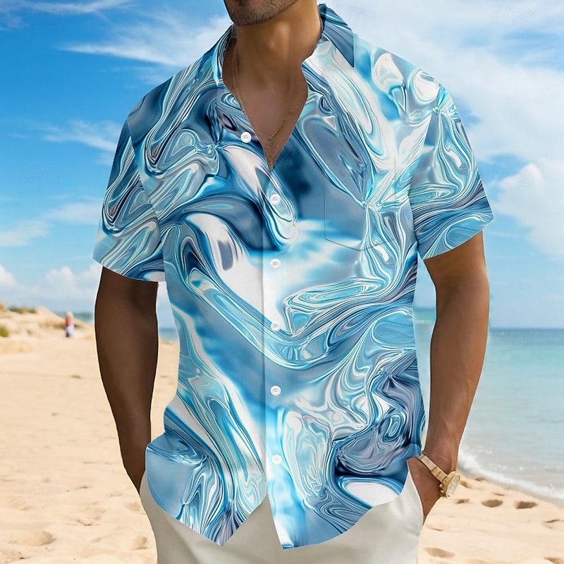 Men's Geometric Marble Abstract Art Shirt Casual Shirt Button Up Shirt Short Sleeve Fashion Casual Vacation Holiday Streetwear Summer Turndown 3D Print Collared Shirts Front One Pocket Pink Blue