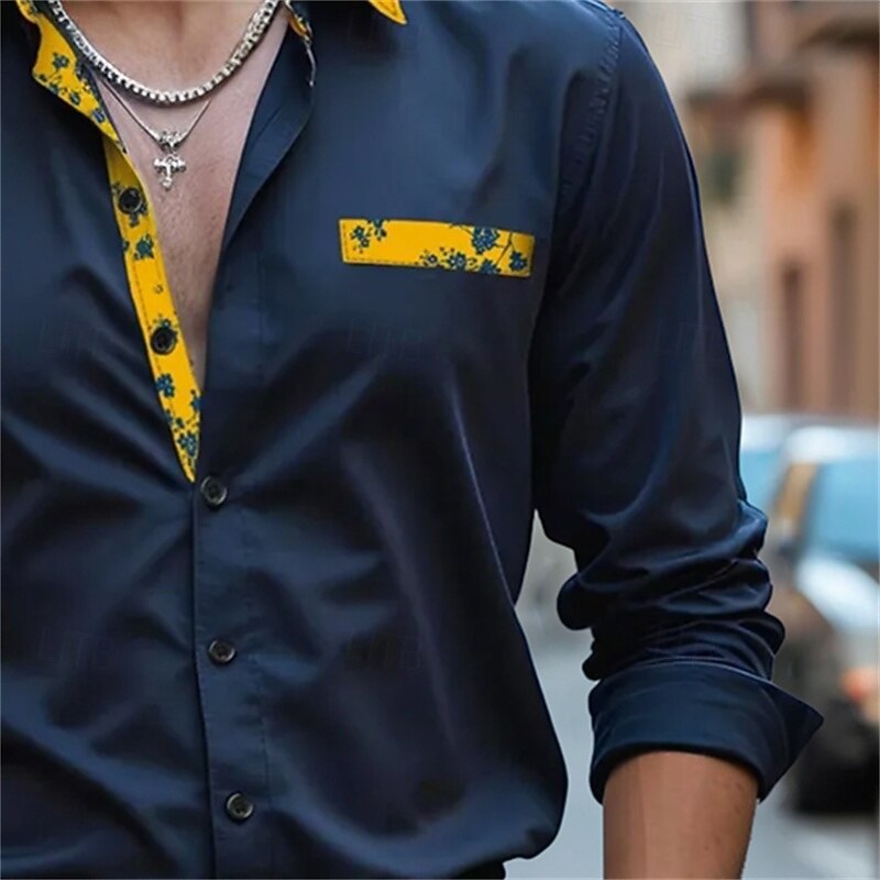 Men's Dress Shirt Plain Wedding Outdoor Navy Blue Long Sleeve Spread Collar Summer Spring Clothing Apparel3