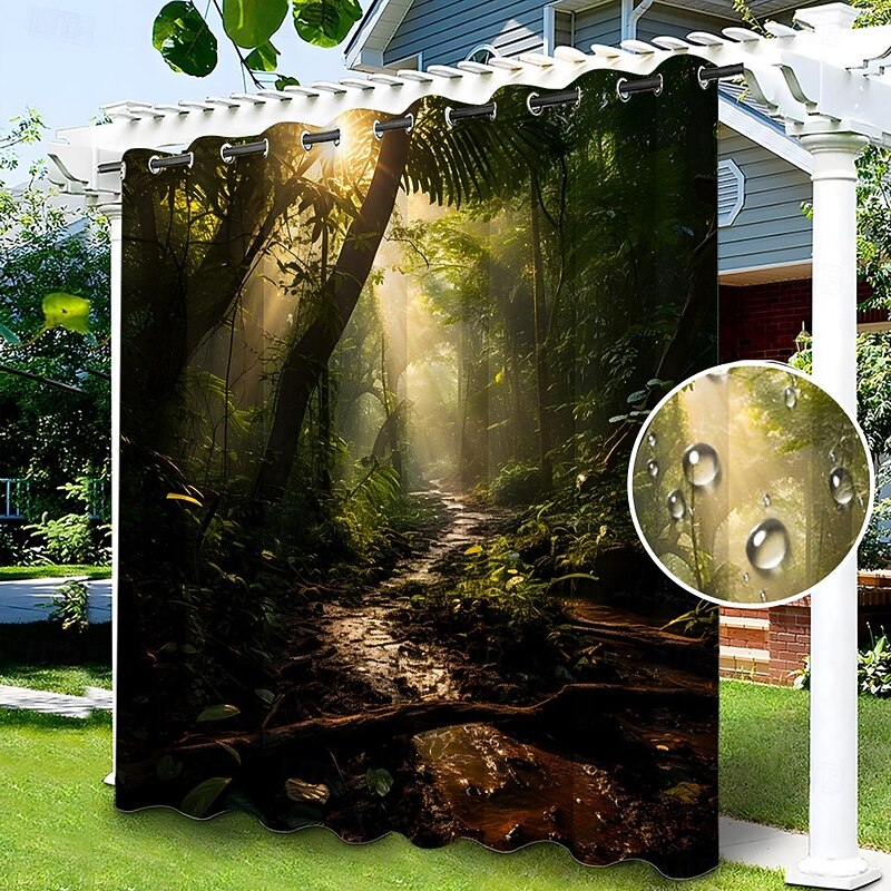 Waterproof Outdoor Curtain Privacy, Sliding Patio Curtain Drapes, Pergola Curtains Grommet Grommy Forest Landscape For Gazebo, Balcony, Porch, Party, 1 Panel