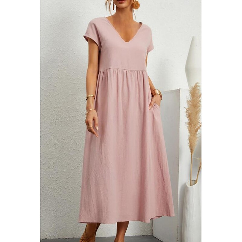 Women's Midi Dress Linen-Inspired Dresses Cotton Linen Dress Basic Classic Modern Vacation Daily Holiday Regular Fit Plain Short Sleeve V Neck Black Light Green Pink Army Green Summer3