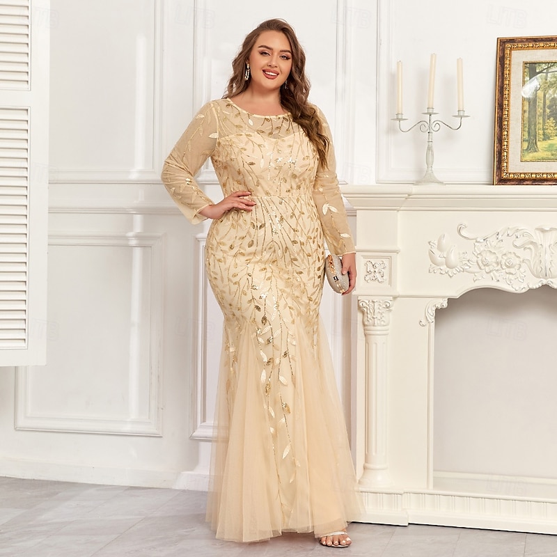 Mermaid / Trumpet Evening Gown Sparkle Formal Dress Formal Floor Length Long Sleeve Crew Neck Champagne Mother Of the Bride Dress Tulle with Embroidery 2025