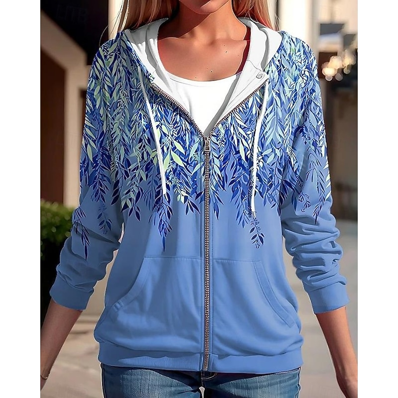 Women's Hooded Sweatshirt Jacket Long Sleeve Zip Up Hoodie With Pocket Lightweight Casual Micro-elastic Oversized Floral Active Vintage Sports Drawstring Front Pocket Blue Fuchsia Green Spring Fall3