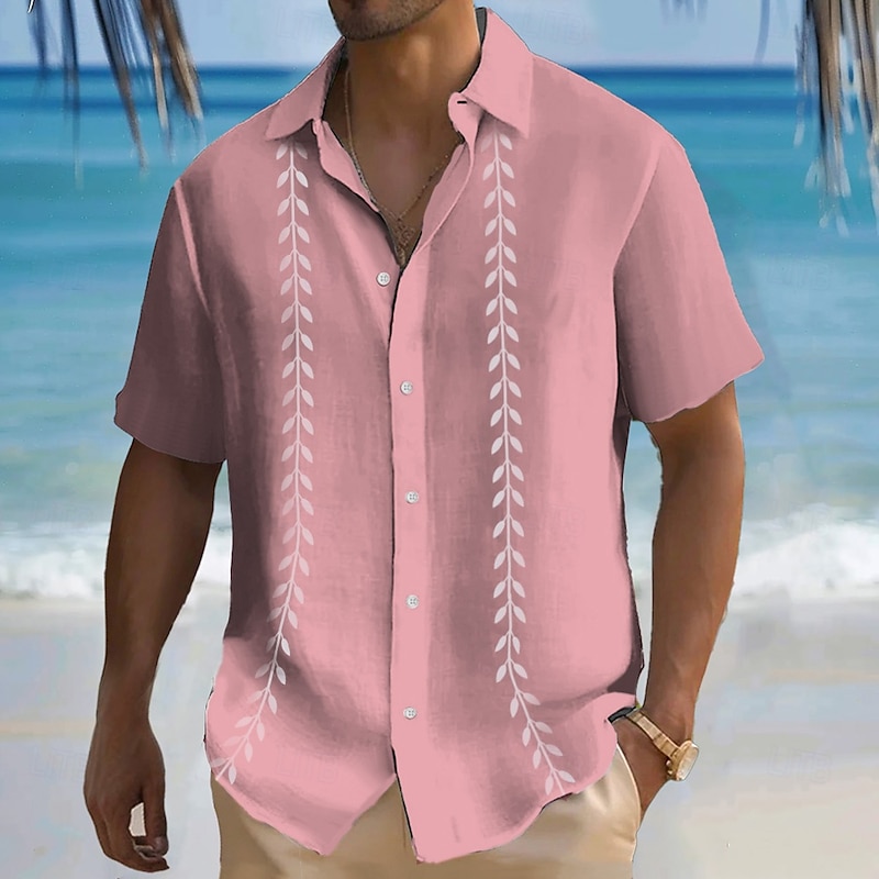 Men's Geometric Shirt Guayabera Shirt Button Up Shirt Short Sleeve Fashion Casual Vacation Dailywear Beach Wear Summer Spring Turndown 3D Print Collared Shirts Pink Blue Green3