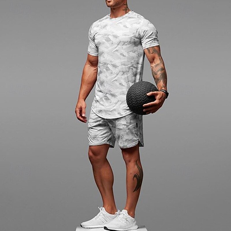 Men's Tracksuit Outfit Set Shorts Crew Neck Outdoor Daily Sports Pocket Drawstring 2 Piece Camouflage White Dark Grey Army Green Polyester Activewear Classic Casual Summer