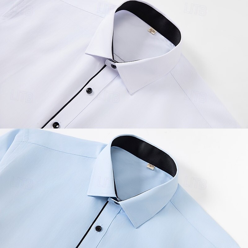 Men's Dress Shirt Non Iron Shirt Plain Wedding Work Light Blue White Long Sleeve Spread Collar Summer Spring Clothing Apparel2