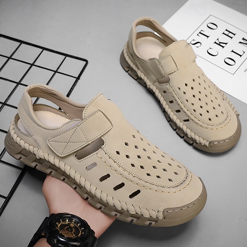 Men's Beige Slip-On Sandals with Perforated Design and Cushioned Sole for Casual Walks and Beachwear3
