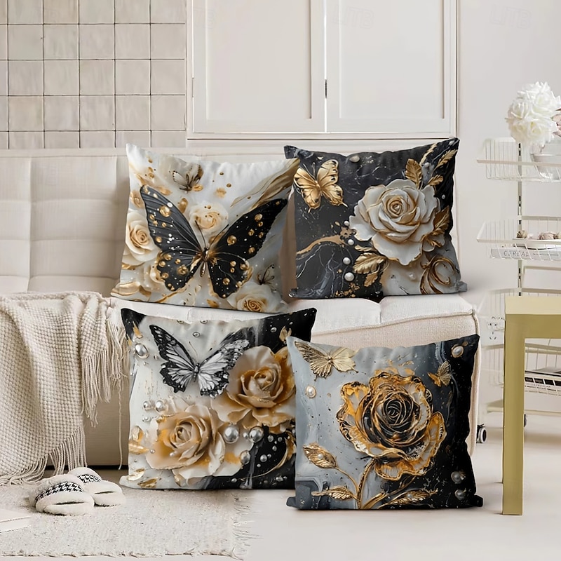 Black Golden Floral Decorative Toss Pillows Cover 4PC Soft Square Couch Cushion Case Pillowcase for Bedroom Livingroom Sofa Chair2