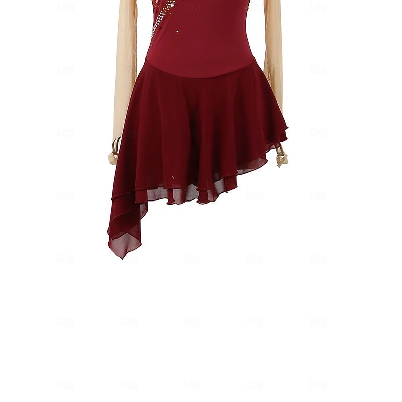 Figure Skating Dress Women's Girls' Ice Skating Dress Burgundy Patchwork Open Back Mesh Spandex Stretchy Training Practice Professional Skating Wear Thermal Warm Crystal / Rhinestone Long Sleeve Ice3