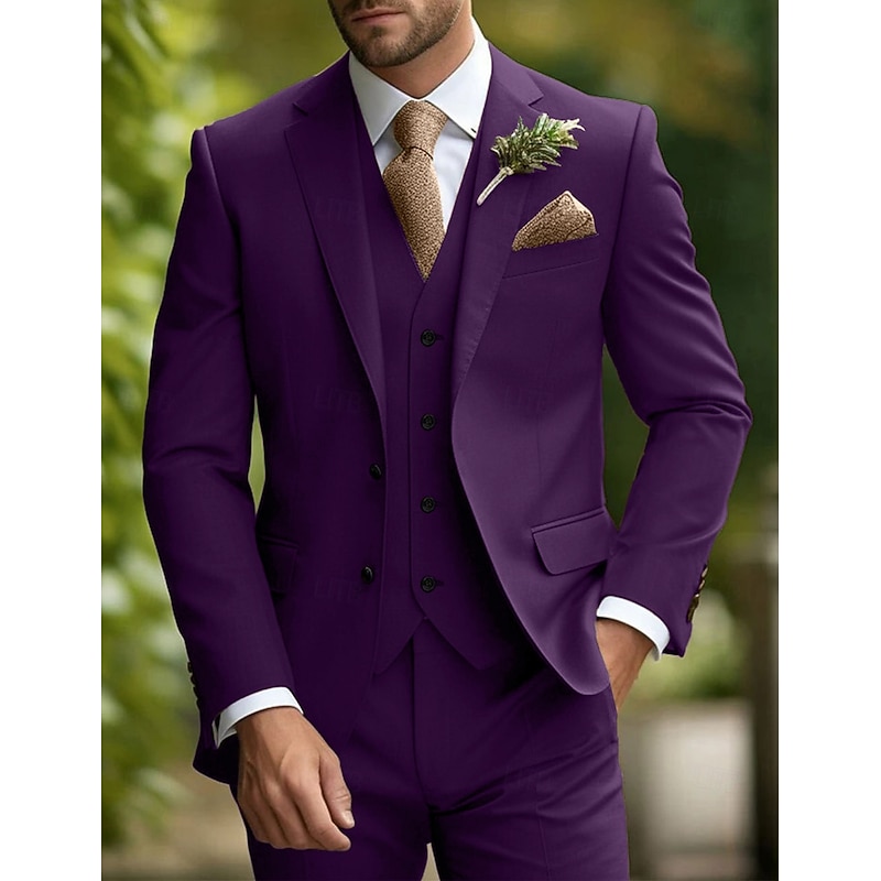 Men's Wedding Suits Notch Burgundy Khaki Daily Business Solid Colored Slim Fit 3 Piece Single Breasted Two-buttons4