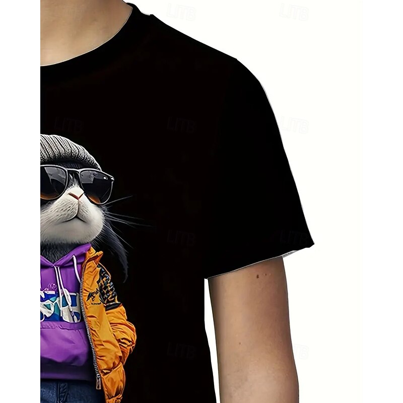 100% Cotton Kids Boys Black Rabbit T shirt Tops Crew Neck Short Sleeve Vacation Casual Daily Wear Fashion Sport Print Summer4