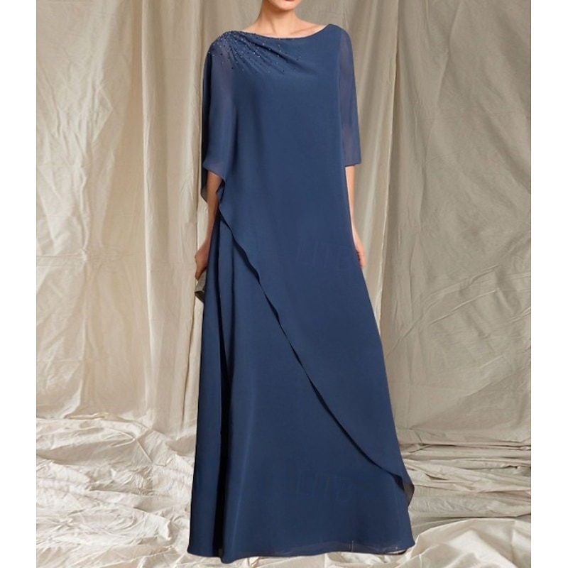 A-Line Mother of the Bride Dress Wedding Guest Elegant Crew Neck Floor Length Chiffon 3/4 Length Sleeve with Beading3