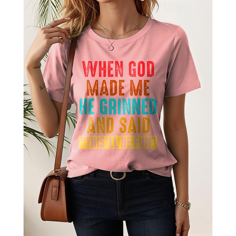 Women's T Shirt Graphic Letter Stylish Casual Short Sleeve Round Neck Regular Tops Daily Weekend Print Black White Pink Blue Purple Summer Spring GOD4