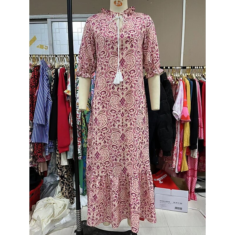 Women's Long Dress Maxi Dress Boho Dress Print Dress Peplum Dresses Romantic Classic Elegant Dress Puff Sleeve Vacation Going out Spring Dress Loose Fit Graphic Flower Half Sleeve V Neck White Pink4