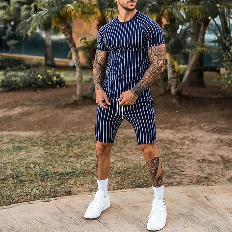 Men's Tracksuit Outfit Set Shorts Crew Neck Outdoor Daily Sports Pocket Drawstring 2 Piece Stripes Royal Blue Khaki Light Grey Polyester Activewear Classic Casual Summer4