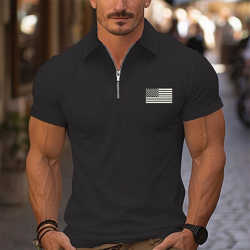 Men's Quarter Zip Polo Golf Shirt Daily Holiday Lapel Short Sleeve Fashion Basic National Flag Print Summer Spring Regular Fit Black White Pink Navy Blue Light Sky Blue Quarter Zip Polo4