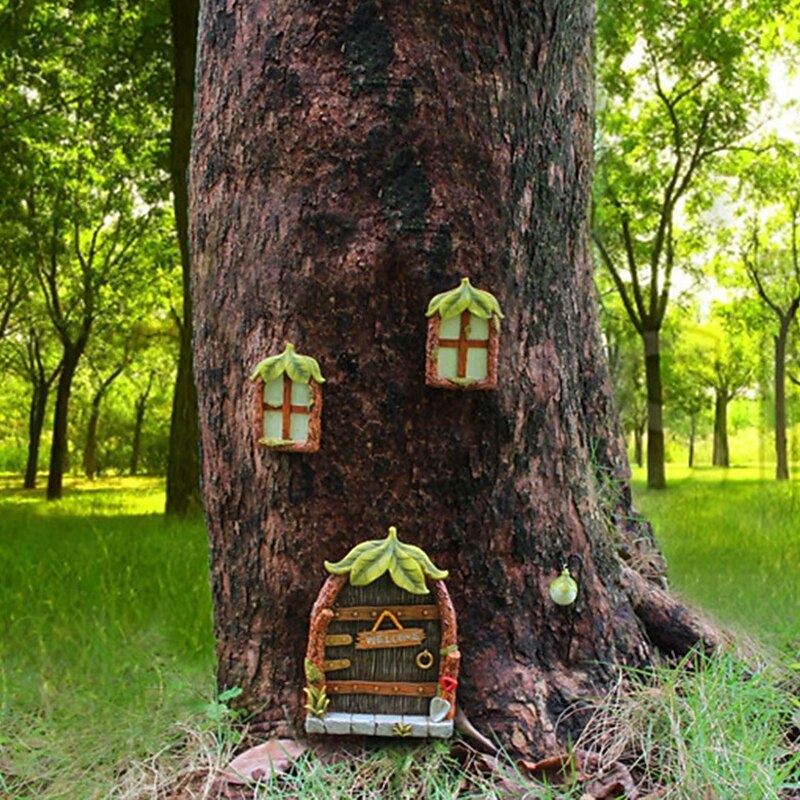 Fairy Door and Windows for Trees 4 PCS, Glow in The Dark Yard Art Sculpture Decoration for Kids Room, Wall and Trees Outdoor, Miniature Fairy Garden Outdoor Decor Accessories