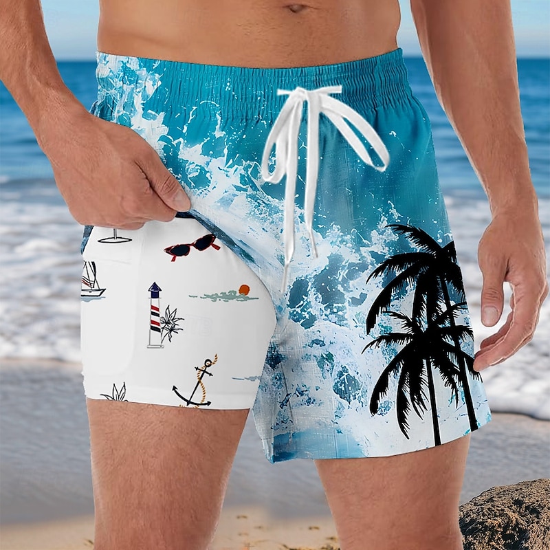 Men's Coconut Tree Ocean Tropical Lined Shorts 2 in 1 Board Shorts Swim Shorts Mid Waist Hawaiian Vacation Beach Wear Side Pockets With Compression Liner Elastic Drawstring Waist Designer Clothing