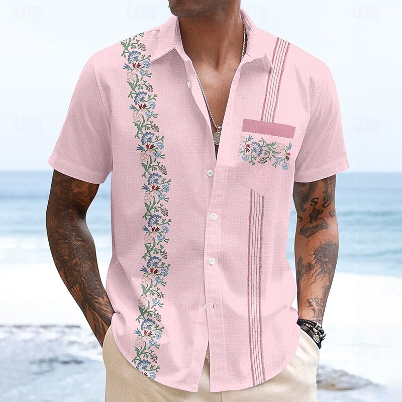 Men's Striped Floral Print Flowers Guayabera Shirt Summer Hawaiian Shirt Button Up Shirt Short Sleeve Hawaiian Vacation Dailywear Beach Wear Summer Spring Turndown Collared Shirts Front One Pocket3