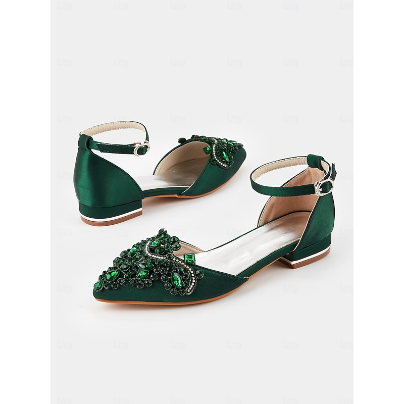 Green Gemstone Embellished Pointed-Toe Flats – Vintage Style Women's Wedding & Evening Shoes3
