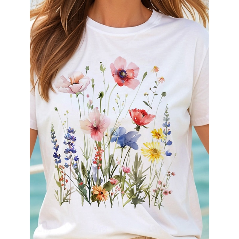 Women's T Shirt Cotton Shirt Floral Graphic Casual Short Sleeve Round Neck Regular Tops Daily Print White Summer3