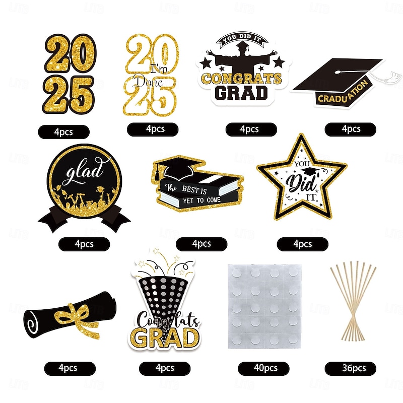 2025 Graduation Party Black and Gold Cake Toppers, Graduation Table Decor, Vase Picks, Insert Cards, Flag Picks for Graduation Celebration4