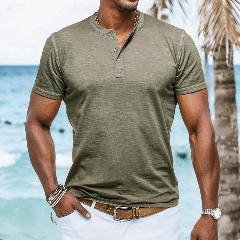 Men's T Shirt Henley Shirt Tee Top Short Sleeves Plain Designer Basic Modern Contemporary Buttons Henley Vacation Street Going out Summer Black White Navy Blue Henley T-Shirt