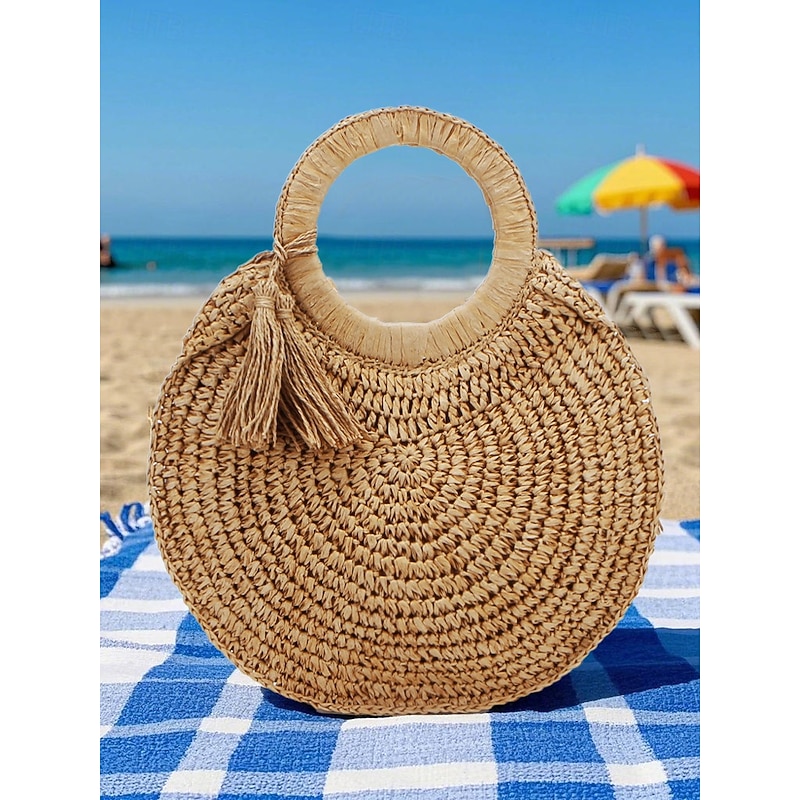 Women's Large Capacity Handmade Woven Straw Round Tote Bag - Bohemian Beach Tote with Tassels, Summer Vacation Rattan Wallet for Travel, Shopping and Vacation Brown Beige2