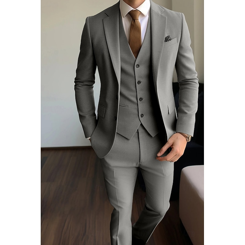 Men's Wedding Business Suits Notch Lapel Khaki Light Grey Formal Solid Colored Standard Fit 3 Piece Single Breasted Two-buttons4