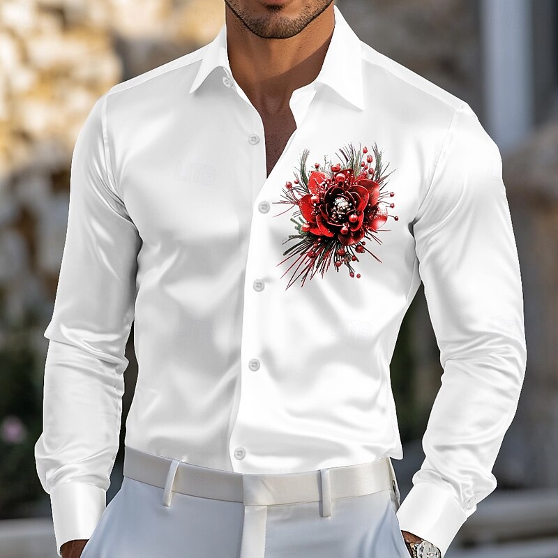 Kentucky Derby Men's Floral Print Rose Satin Shirt Dress Shirt Button Up Shirt Long Sleeve Fashion Casual Wedding Vacation Evening Party Summer Spring Turndown Collared Shirts 3D Print Funny Kentucky4