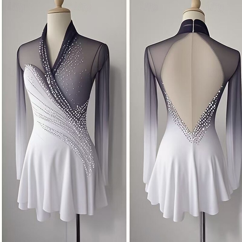 Figure Skating Dress Women's Girls' Ice Skating Dress Black White Blue White Thumbhole Halo Dyeing Mesh Spandex Stretchy Training Practice Professional Skating Wear Thermal Warm Classic Crystal3