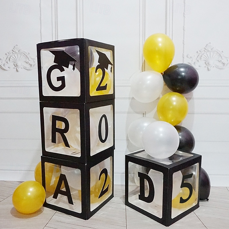 Graduation Decorations Class of 2025, 4pcs 2025 Graduation Party Black Balloon Boxes with Letters GRAD, 2025 for Preschool Kindergarten High School College Grad Party Celebration Supplies