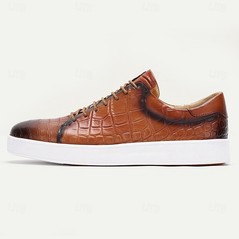 Men's Brown Genuine Leather Sneakers – Stylish Crocodile Embossed Lace-Up Casual Shoes for Daily Wear3